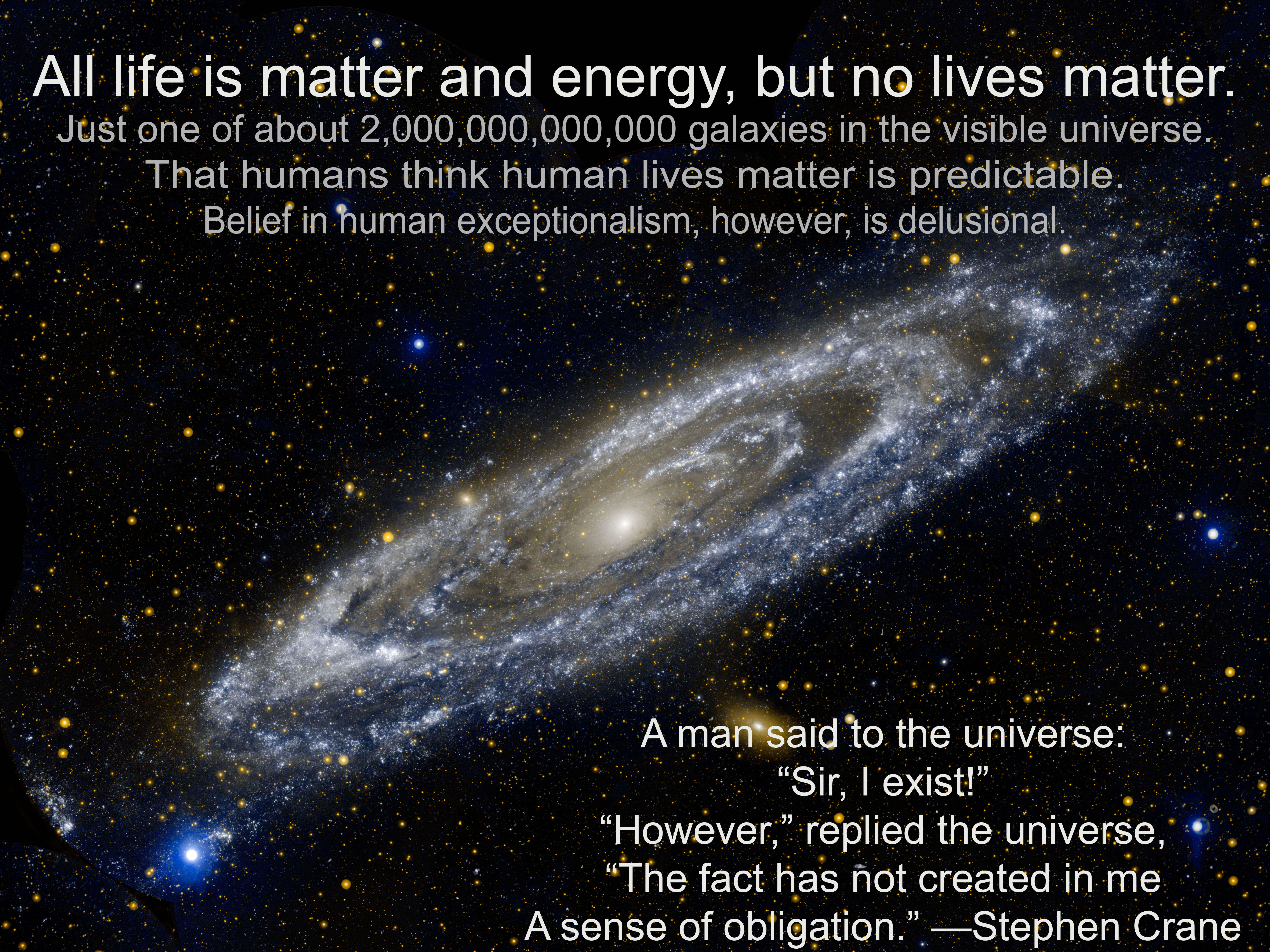 All life is matter and energy, but no lives matter. Human exceptionalism is delusional